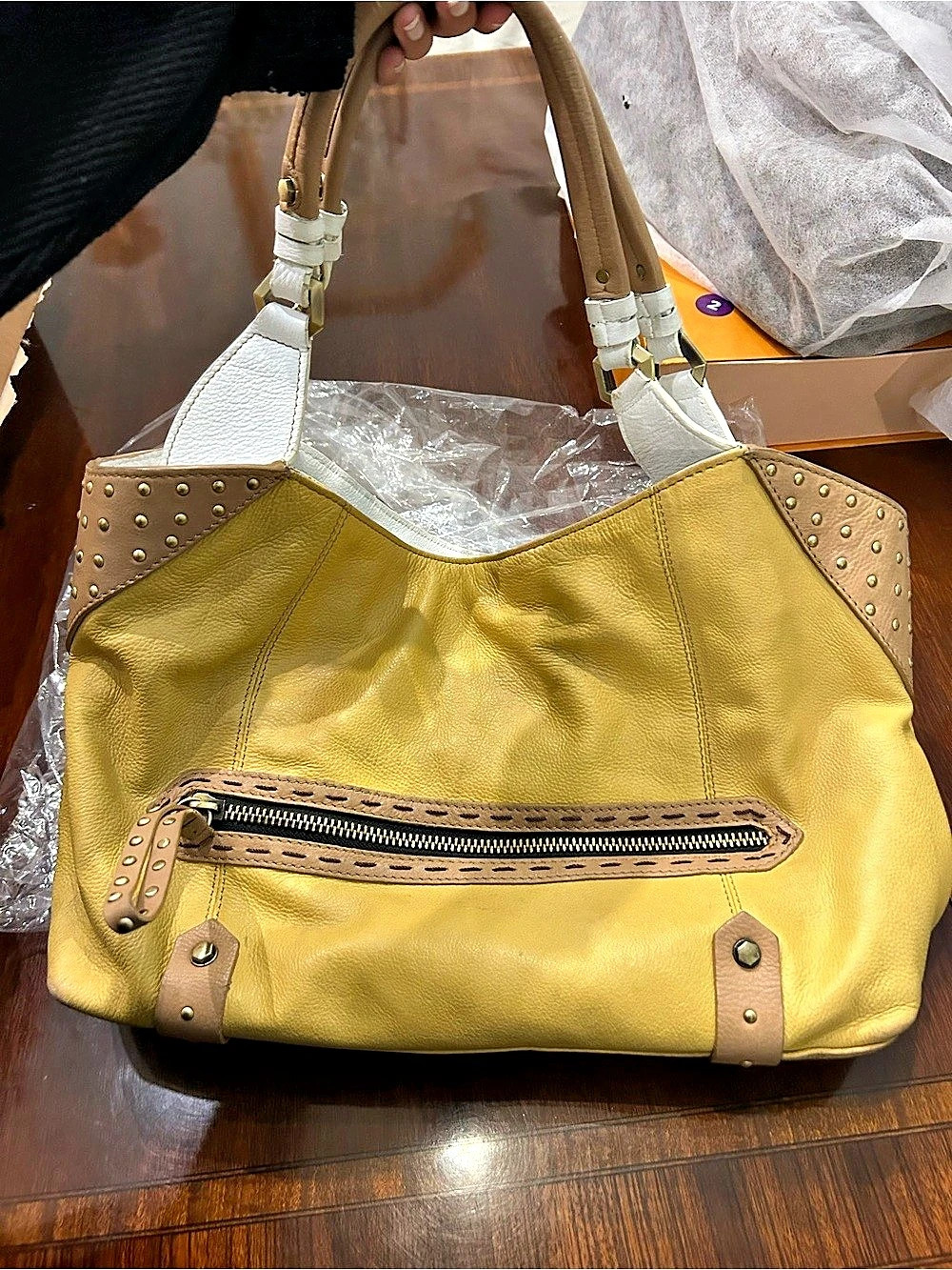 Rosetti Studded Shoulder Bag in Yellow & White